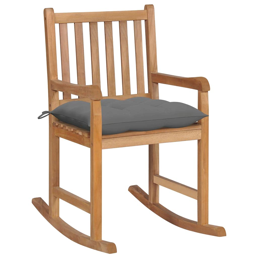 Sedia a dondolo rustica in legno massello, per esterni, soggiorno, camera da letto, terrazza, balcone, con comodo cuscino grigio rimovibile in legno massello teak