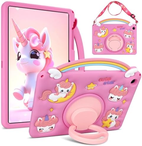 VOFUOE for Samsung Galaxy Tab A9 Plus Case for Kids Girls with Shoulder Straps 360 ° Rotating Stand Rainbow Unicorn Soft Silicone Protective Cover for Galaxy Tab A9+ 11 Inch 2023- Hot Pink