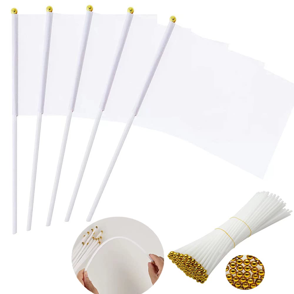 BPA White Stick Flags,100 Pack Solid White Blank Flag Small Mini Plain White DIY Flags On Stick,5x8 Inch Outdoor Decoration,Party Events Celebration,School, Festival Events Celebration (White)