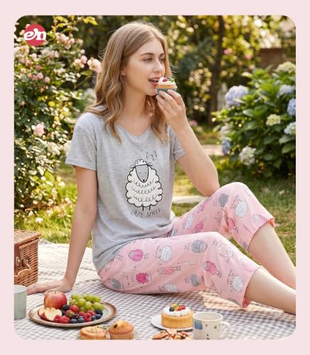 Image of ENJOYNIGHT Womens Pajama Sets Cotton Pj Set Short Sleeve Top With Capri Pants Sleepwear 2 Piece Lounge Set