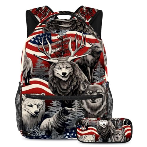 Sac à dos drapeau américain avec animaux pour l'école et les voyages d'ados