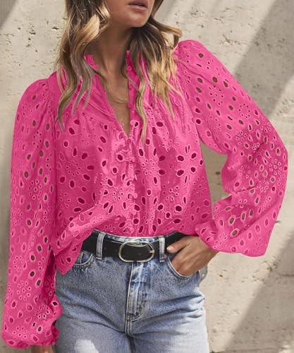 BETTE BOUTIK Women's Long Short Sleeve Tops 2025 Dressy Casual Button Hollow Out Lace Embroidered Blouses Shirts