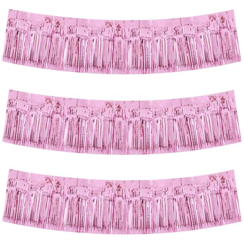 Image of BEISHIDA 3 Packs Metallic Foil Fringe Garland Pink Wall Hanging Tinsel Fringe Banners for Car Floats Birthday Baby Bridal Shower Wedding Graduation Holiday Party Decoration(30 Feet)