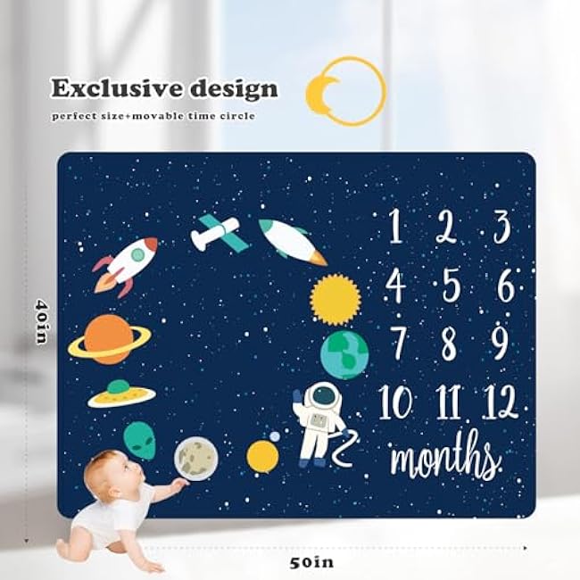 Baby Monthly Milestone Star Astronaut Boy Blanket - Newborn Swaddle, Party Favors, Photography Backdrop Props, Dark Party Supplies 40 * 50IN