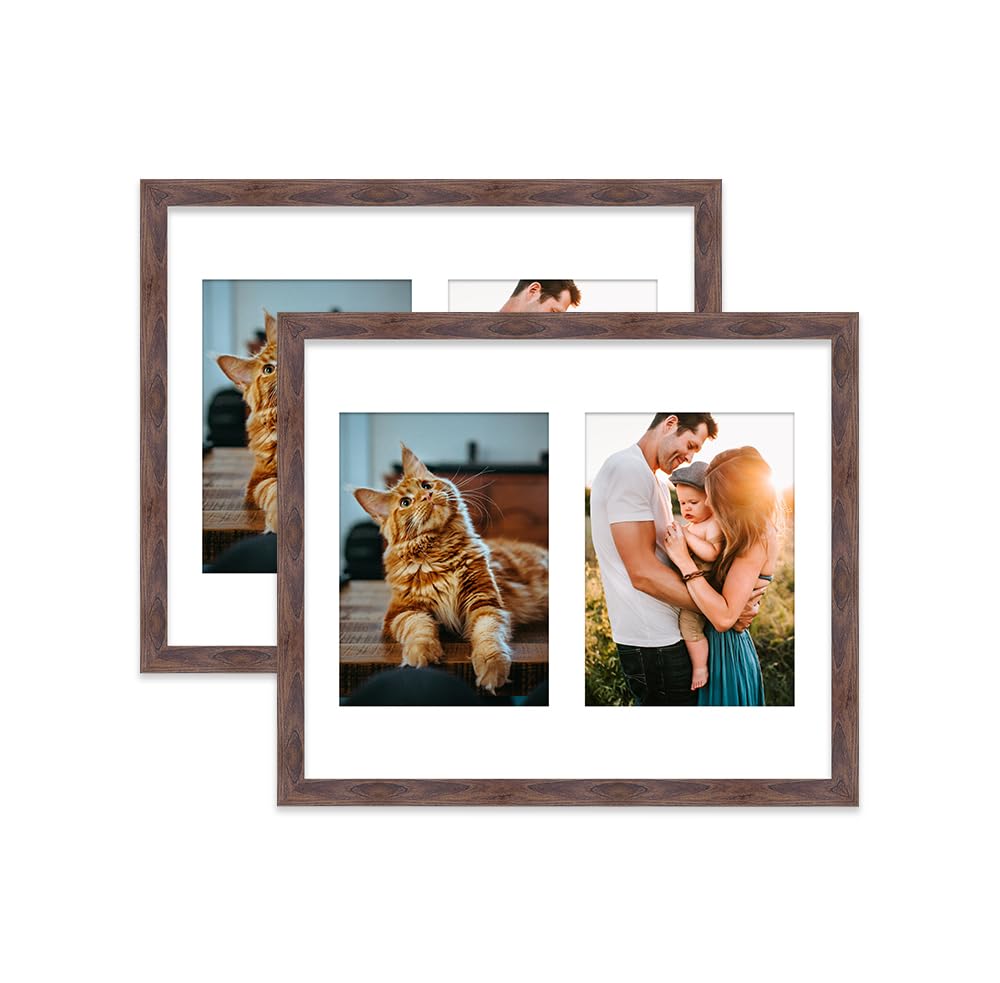 Walnut Multi Photo Frame - Holds 2 x 7x5 Pictures, Family Collage Picture Frame for Wall Display, 12x10 Frame size, Set of 2