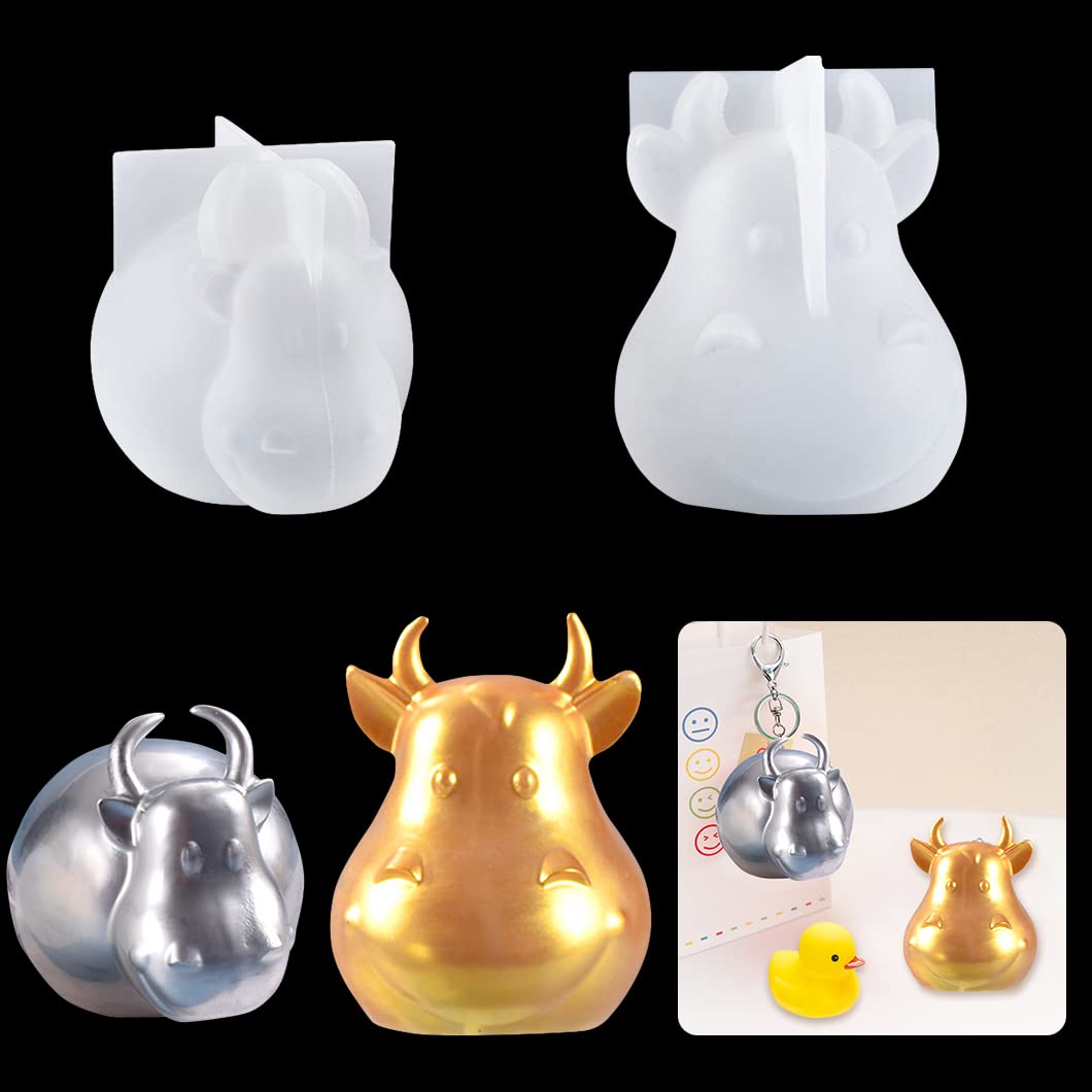 Rolin Roly 2Pcs Resin Cattle Moulds Animal Epoxy Mould 3D Calf Jewelry Silicone Mold Keychain Pendant Casting Molds DIY for Handmade Craft Making Home Decoration