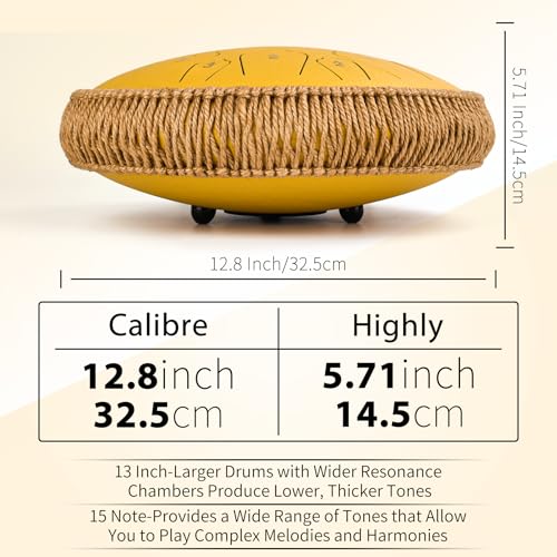 Image of Steel Tongue Drum, 13 Inch 15 Notes Tongue Drums, C Major 440 Hz Drum Percussion Instruments, Handpan Drums with Music Book, Drum Mallets and Carry Bag (Yellow)