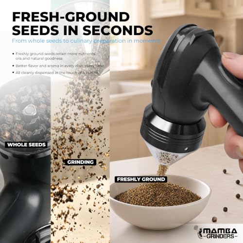 Image of Mamba Original Electric Seed Grinder, USB-C Rechargeable Spice Mill, Black | 1g, kitchen seasoning for meal prep, coarse-to-fine textures, 1200 mAh battery, aluminium teeth, 3 Nm torque, easy filling