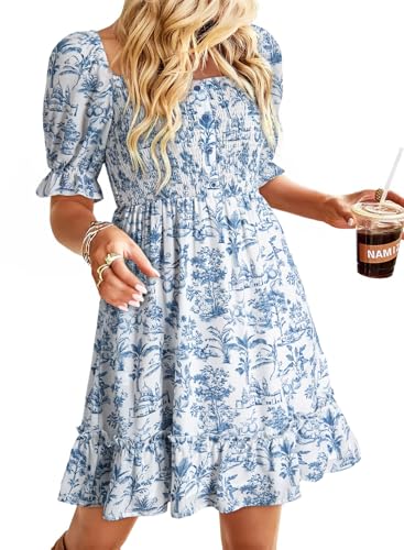 Image of Dokotoo Womens Casual Summer Dresses Short Sleeve Square Neck Smocked Boho Floral Sundress Flowy A-Line Mini Dress