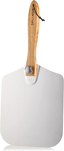 SPLENDR Pelar de pizza de metal con mango de madera plegable de 12 x 14 pulgadas, paleta de pizza de aluminio, espátula de horno de pizza, cáscara