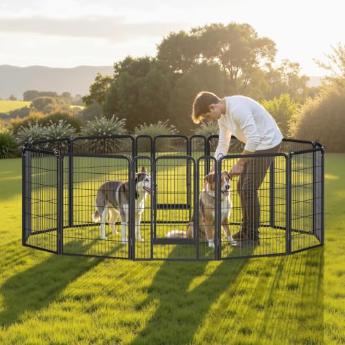 Image of Yaheetech 40 inch H 6-Panel Extra Wide Dog Playpen w /Door for Indoor Outdoor | Heavy Duty Metal Frame, Secure Latch Gate, Tool-Free Assembly, Portable For Yard RV Camping, Ideal For Medium & Large Pets