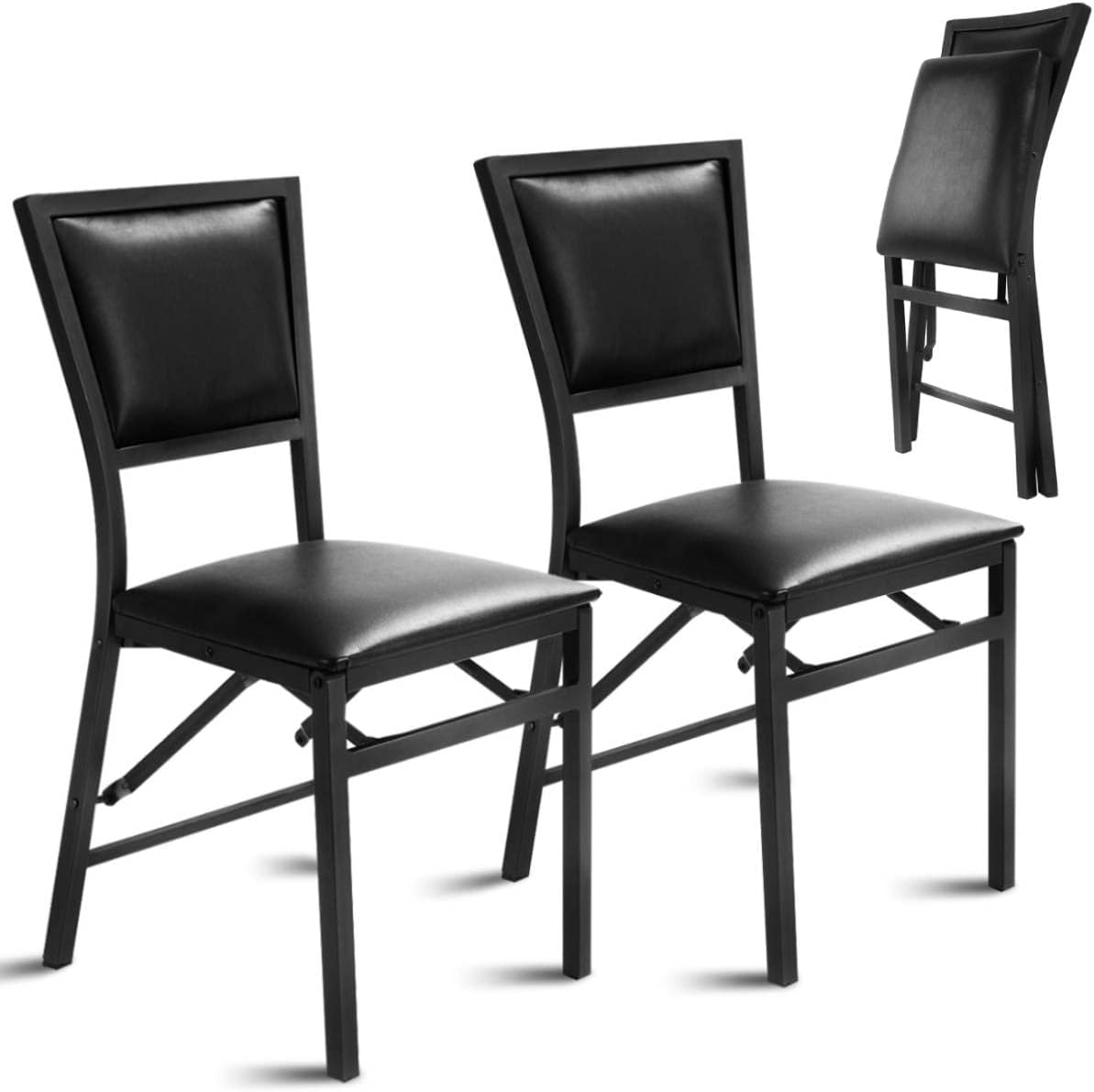 Set of 2/4 Padded Folding Chair, Metal Frame Counter Height Dining Chairs with Sponge Seat & Backrest, Kitchen Restaurant Conference Office Seat, 130kg Weight Capacity (4, Black, 46x49x85cm)