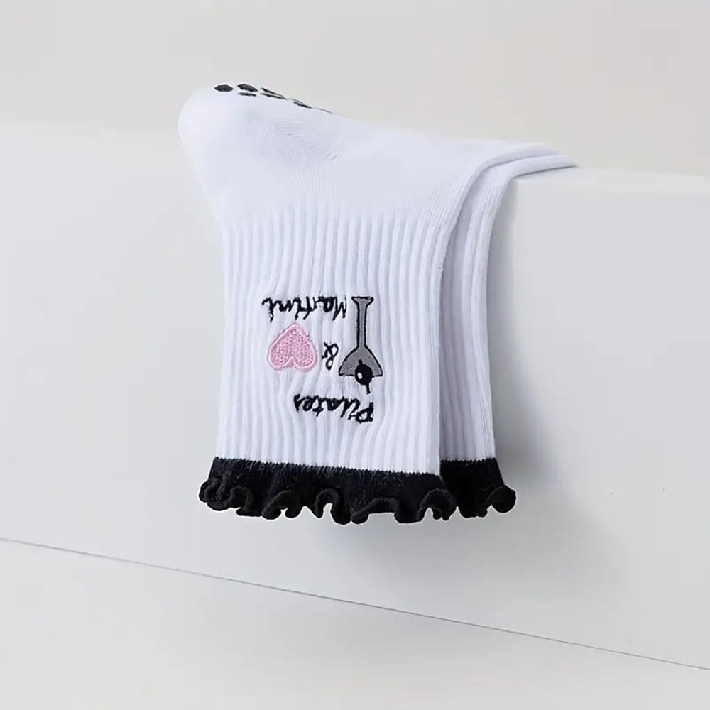 Women Cute Pilates Socks Grip Crew Yoga Socks Ruffle Cuff Embroidery Pattern Workout Ballet Socks - Image 5