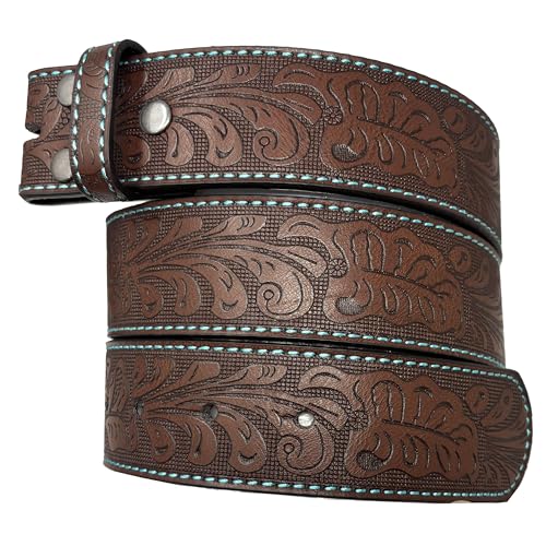 BC Belts Leather Belt Strap with Teal Stitching and Embossed Western Scrollwork 1.5