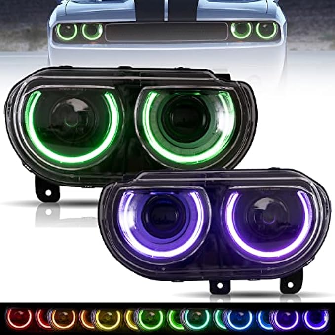 VLAND RGB Headlight Assembly Fit for 2008-2014 Dodge Challenger 3rd Gen Coupe, D2H/D2S Bulb Conversion Kit(Not Included) for HI/LO Beam