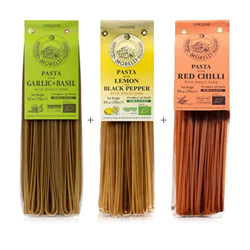 Morelli Italian Pasta Organic Garlic and Basil Linguine, Red Chili Linguine Pasta - Red Pepper Pasta with Wheat Germ & Morelli Lemon Pepper Linguine Pasta with Wheat Germ - Linguine Organic image 4