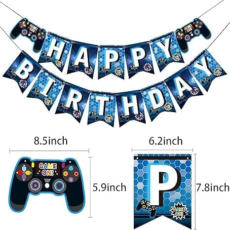 Video Game Happy Birthday Banner (Blue) Gaming Birthday Party Decorations for Kids Player Gaming Themed Party Decorations Assembled