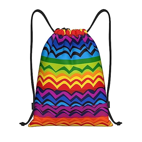 Gay Pride Rainbow Pattern Drawstring Backpack Draw String Bag Waterproof Sports Bag Gym Cinch Bags for Women Men, Medium, Black