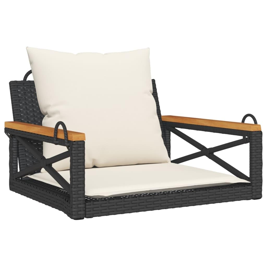 Hamaca colgante con cojín negro, 63 x 62 x 40 cm, polirratán, resistente a los rayos UV, 110 kg de capacidad de carga, para jardín, balcón, terraza