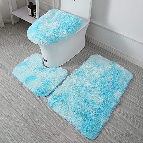 ARLTTH 3er Set Batik Badematten Set Aus Weichem Plüsch, rutschfest, Saugfähig, Badezimmerteppich, U-förmiger Konturteppich Und Toilettendeckelbezug, Waschbar (Hellblau)