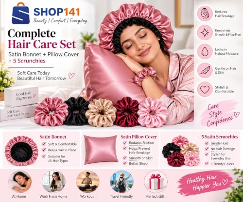 Image of Satin Pillow Covers for Hair and Skin Set of 2 with 5 Scrunchies I Satin Pillow case I Silk Pillow Cover I Silk Pillow case I Women Gift Items (Purple + Cap)