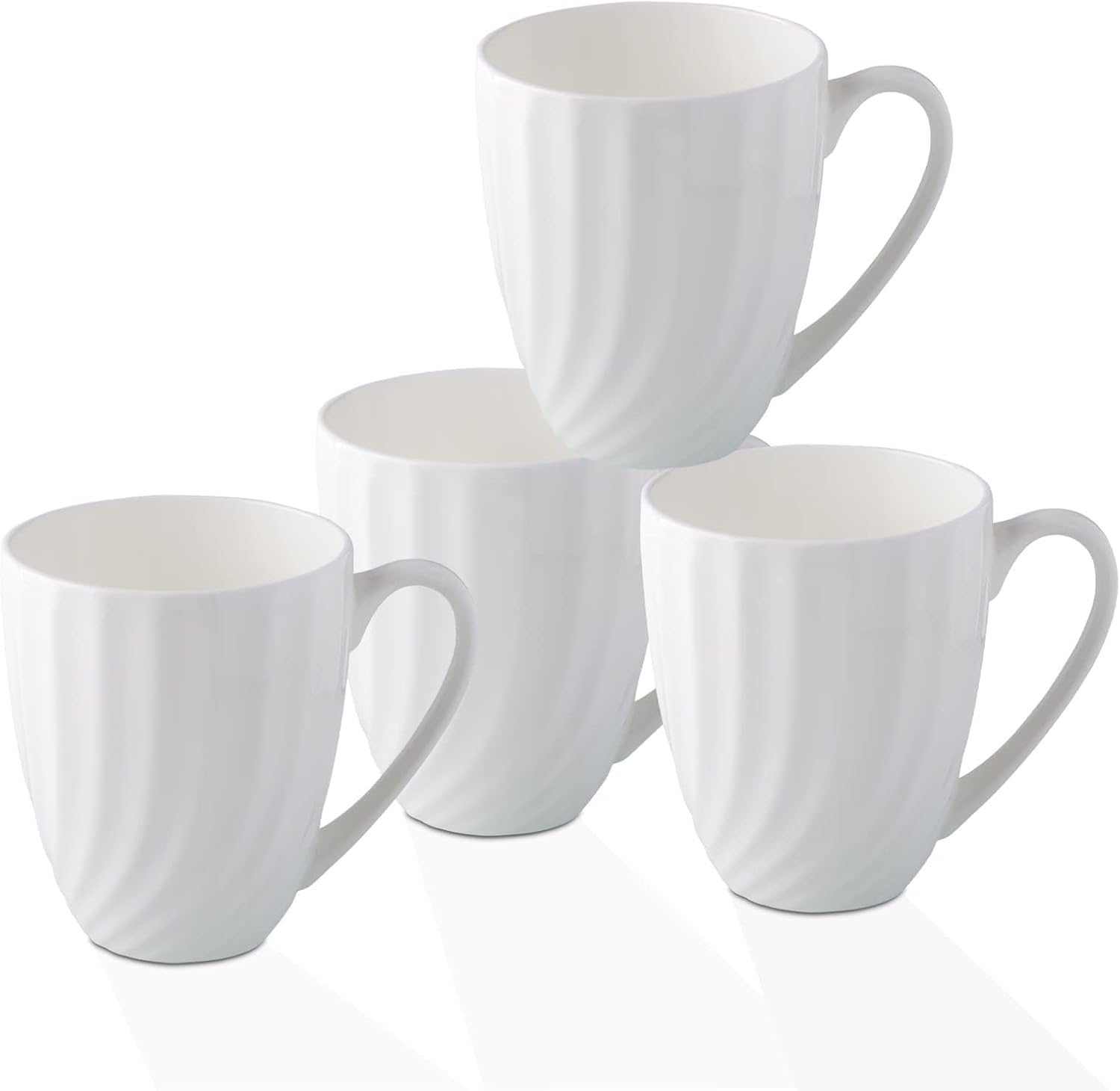 Fine Bone China White Coffee Mugs Set of 4 (12 oz), Ceramic Spiral Pattern Tea Cups, Thin China Coffee Cups, Lightweight Coffee Mugs for Hot Chocolate, Latte, Cappuccino