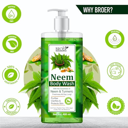 Image of BROER Neem Body Wash Shower Gel | Luxury Body Wash (400ML) with Neem, Vitamin E, Aloe Vera & Turmeric (Free From Parabens and SLS) Family Pack