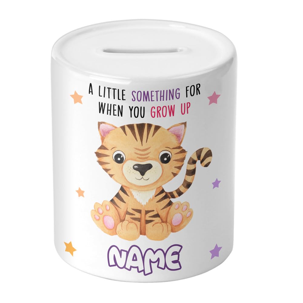 Baby Girl Gift Personalised Piggy Bank For Babies - Cute Animal - Newborn Girls Gifts Money Box - Custom Name - Savings Jar Decor Coin Box Money Bank - Nursery Accessories Ceramic Keepsake (Tiger)