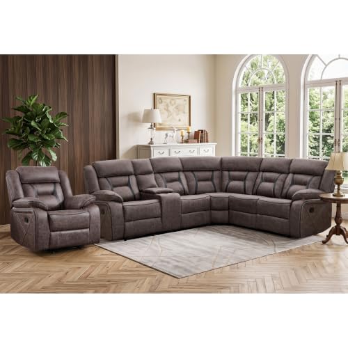 Image of EBELLO Faux Leather Reclining Sectional Sofa Set for Living Room, 1 Recliner Chair and L-Shaped Reclining Couches Home Furniture Set with Center Console, Hidden Cup Holders and Storage, Grey