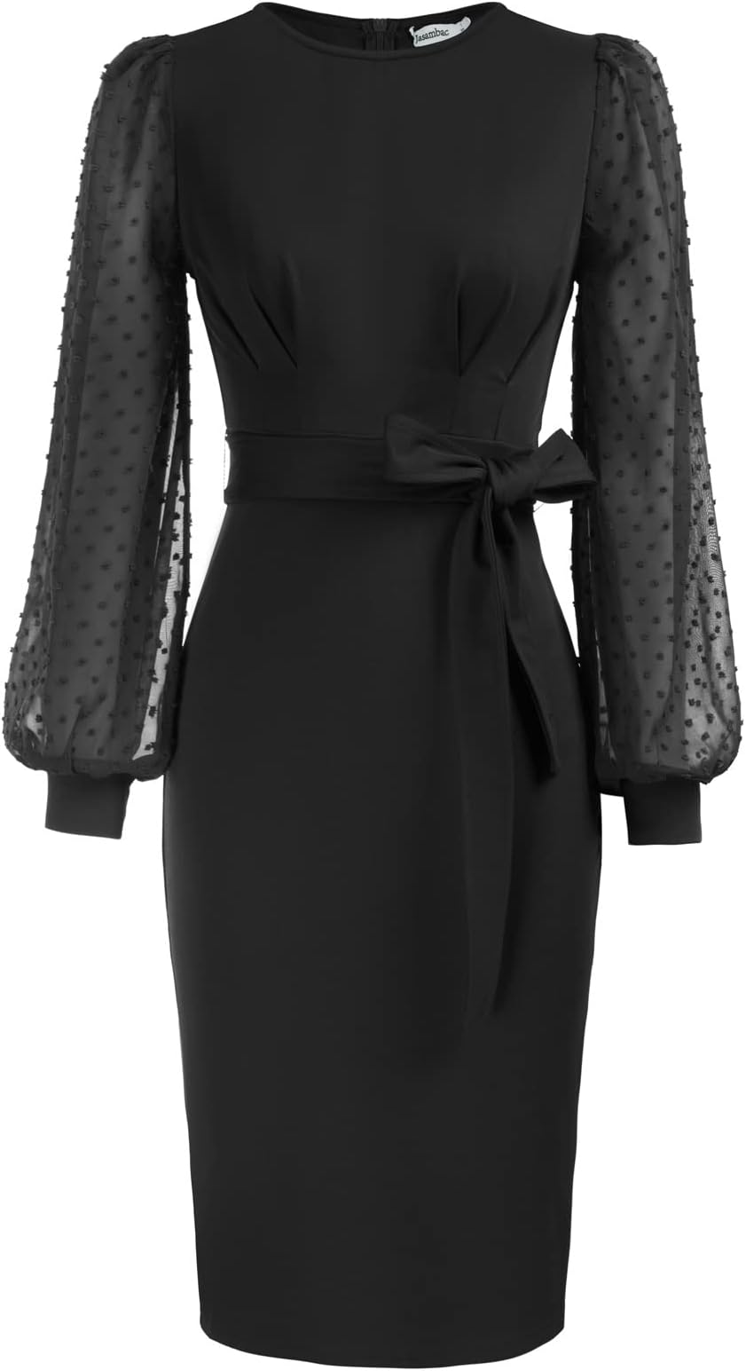 JASAMBAC Women's Tweed Pencil Dress Elegant Business Bodycon Short Sleeve Wear to Work Office Dress