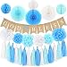 Baptism Decorations for Boy - Blue Christening party supplies - First Communion Decor - God Bless High Quality Burlap Banner With Blue Cross, Honeycomb, Paper fan, Paper Tassel, Pompoms - Church Event Favor