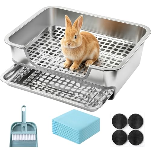 MCEAST Extra Large Stainless Steel Rabbit Litter Box Pull-Out Bunny Potty Pan with Metal Grid Rabbit Cage Bathroom Set Includes Pee Pads Cleaning Set for Small Animals (17.7 x 13.8 x 5.9)