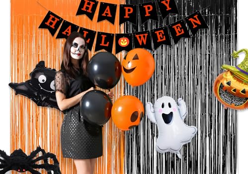 ستارة بشراشيب من الرقائق المعدنية بلون أسود وبرتقالي لتزيين حفلات الهالوين - قطعتان 1 متر × 2.7 متر، ستائر زينة معدنية خلفية كشك الصور، ديكور للغرفة وحفلات الهالوين والحفلات العائلية من برافشاين