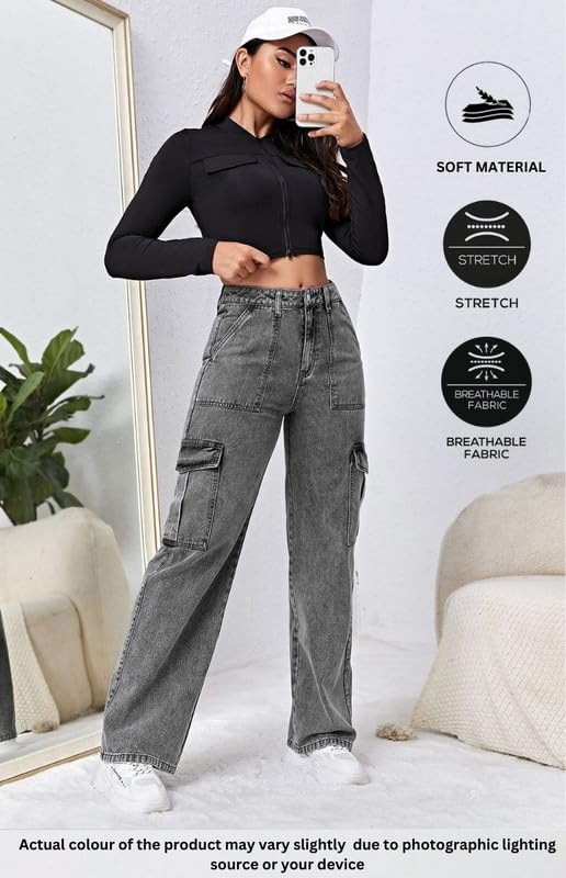 Image of Amazon Brand - INKAST Women Multi-Pocket Denim Cargo Pants Casual Fit Stylish Trousers