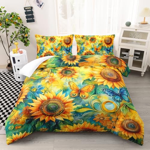 Image of AILONEN Sunflower Floral Twin Size Comforter Set,Butterfly Bedding Sets for Girls,Women Bedroom Decor,Soft Microfiber 3-Piece,1 Quilt + 2 Pillowcase