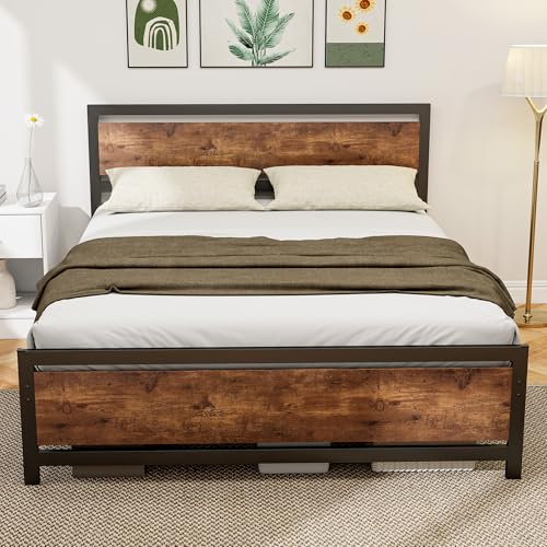 HOMCOM Cadre de lit Double en Acier avec sommier et tête de lit Compatible Matelas 200 x 160 cm Brun Rustique