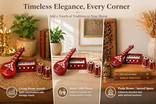 Image of Premium Terracotta Clay Miniature Musical Instruments Combo | Handmade Clay Tabla Veena Harmonium Showpiece for Home Decor, Return Gift, Table Decoration, Indian Handicraft (Large)