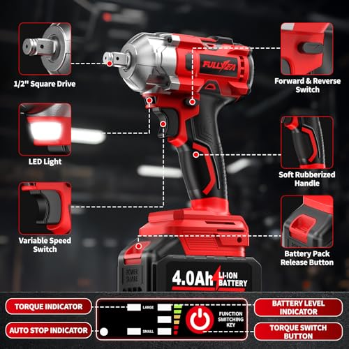FULLYEA Cordless Impact Wrench 1/2 Inch, 406Ft-lbs (550N. M) Brushless Impact Gun Kit, 3000RPM High Torque Power Impact Wrench, 4.0Ah Battery & Fast Charger, Electric Impact Driver for Car Home - Thumbnail 2