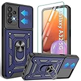 for Samsung Galaxy A32 5G Case with HD Screen Protector, Heavy Duty Shockproof Phone Cover with Magnetic Kickstand Ring for Galaxy A32 5G,Blue