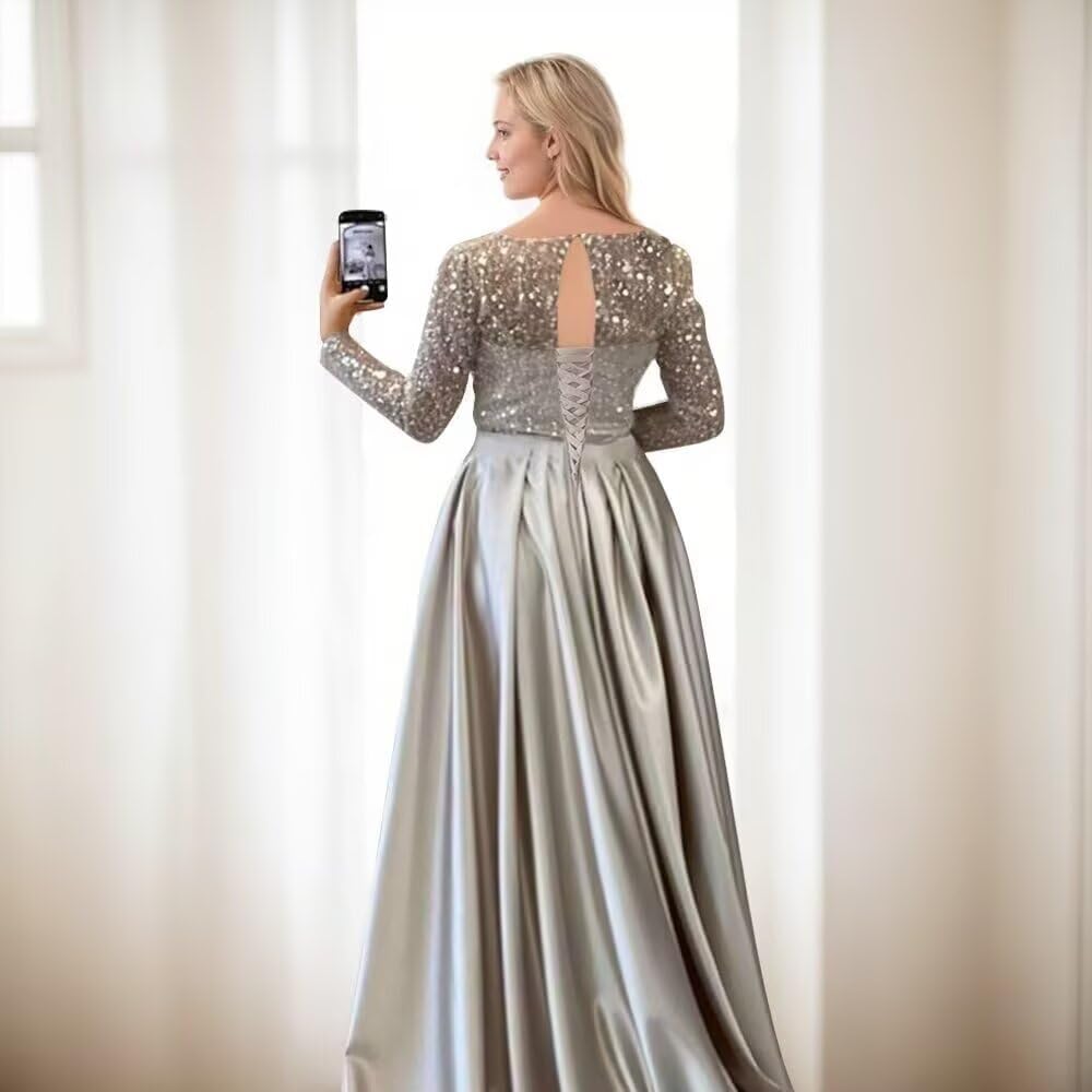 Satin Prom Dress for Women Sparkly Sequin Women's Formal Evening Prom Dress with Train Long Sleeve Prom Gowns - Image 2