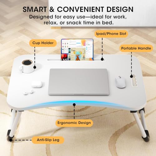 Image of Folding Lap Desk, 23.6 Inch Wood Laptop Bed Desk with Cup Holder, Portable Bed Table for Working Writing Reading, Eating for Bed, Floor, Sofa, Couch - White