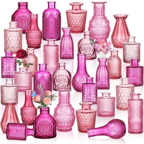Anquephd 32 PCS Assorted Vintage Bud Vases Colorful Glass Small Vases Bulk for Centerpieces Wedding Table Decor Home Decorations & Gifts (Pink Seiris)