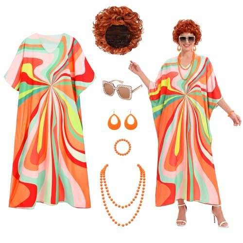 SOMSOC 6PCS Women Costume Set with Short Curly Orange Wig Print Caftan Dress Jewelry Sunglasses for Cosplay Halloween Party