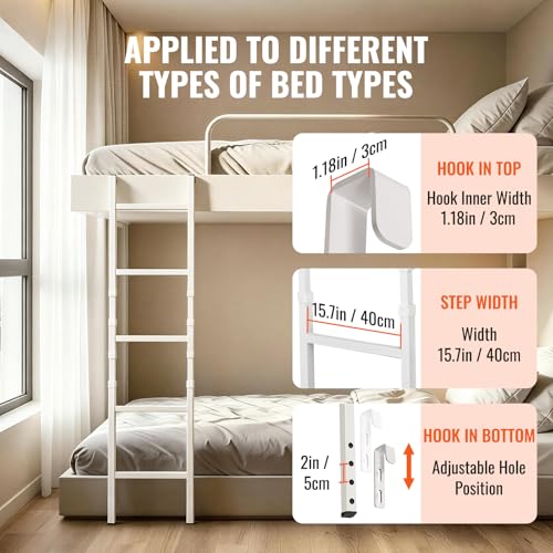 Image of RV Bunk Bed Ladder, Upgraded - Adjustable Height 55 inch-71 inch, Telescoping Heavy Duty Travel Trailer Bed Ladders with 4 Hook and Foot Caps, Anti-Slip Ladder for Home Dorm Appartments, Load 300 LBS -White
