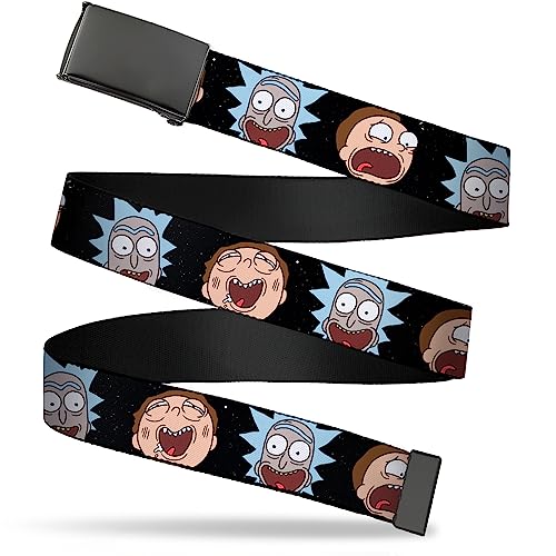 Buckle-Down Cinturón Rick and Morty, cinturón de red abatible con expresiones de Rick y Morty en el espacio, ajustable, Negro -, 1.5" Wide - Fits up to Pant Size 42