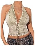 Milumia Women Lace Up Denim Halter Top Sleeveless Backless Sexy Crop Tank Tops Army Green Medium
