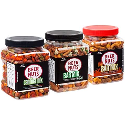 BEER NUTS Variety Pack - 12oz Habanero Bar Mix, 12oz Cantina Mix with Twang, 12oz Bar Mix w/Wasabi - Snack Bulk Bundle Resealable Jars (Pack of 3) Cover