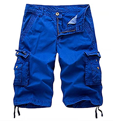 WSLCN Homme Shorts en Coton Rétro Baggy Cargo Camo Shorts Bermuda Outdoor Casual Combat Shorts Pantacourt(Bleu 34)