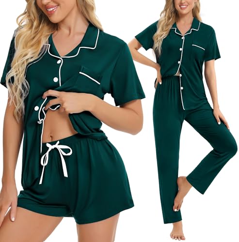 Image of SWOMOG Womens 3pcs Button Down Pajamas Set Short Sleeve Sleepwear Bride Pj Lounge Set with Long Pants