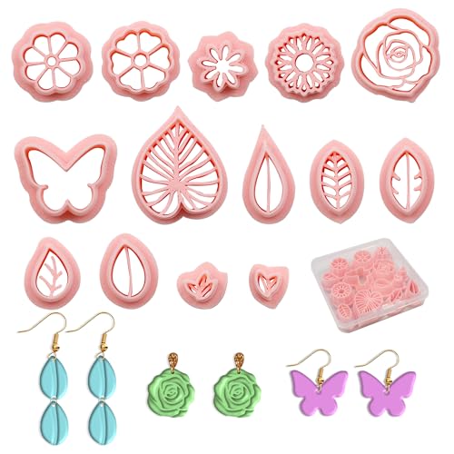 14 Shapes Polymer Clay Cutters Set, Mini Spring Flower Clay Cutter, DIY Earring Making Kit with Butterfly and Leaf Design Molds for Jewelry Making Supplies (Pink)